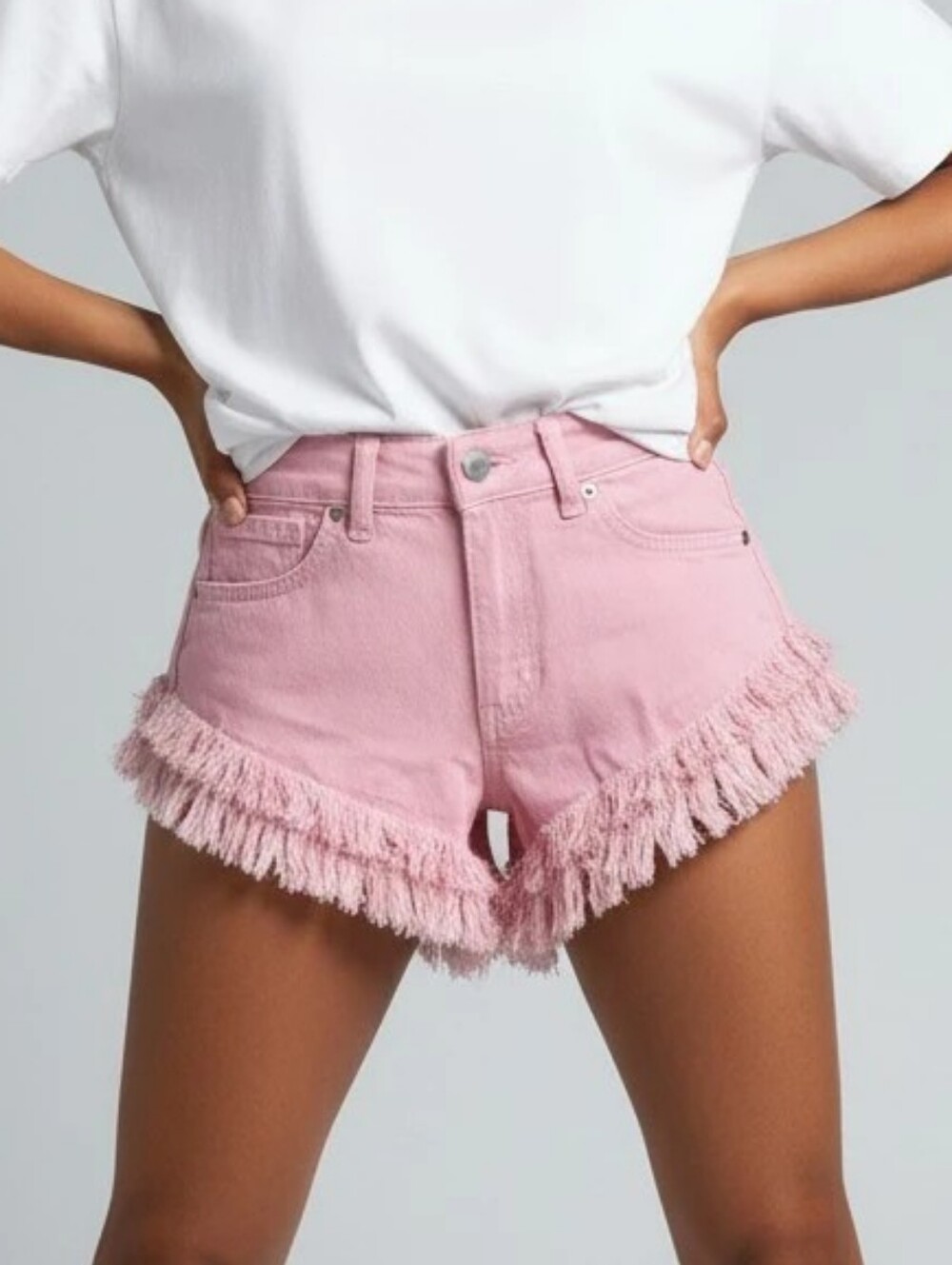American Bazi Pink Fringed Denim Shorts